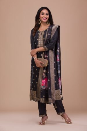 Black Zariwork Art Silk Readymade Salwar Suit