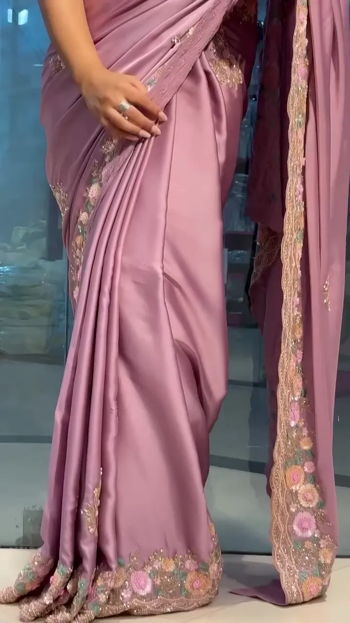 Onion Colour Satin Saree With Heavy Handwork - Image 3