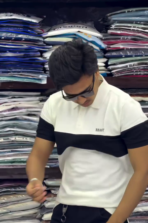 Men's Cotton Color Block Polo Neck Half Sleeve WhiteBlack Color T-Shirt S Size