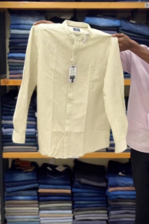 Vertical Striped Mandarin Collar Cotton Linen Casual Shirt