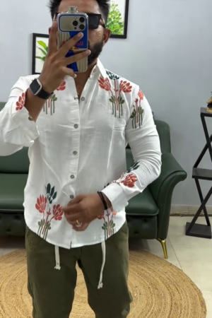 Men Leaf Embroidered Full Sleeves Cotton Shirt