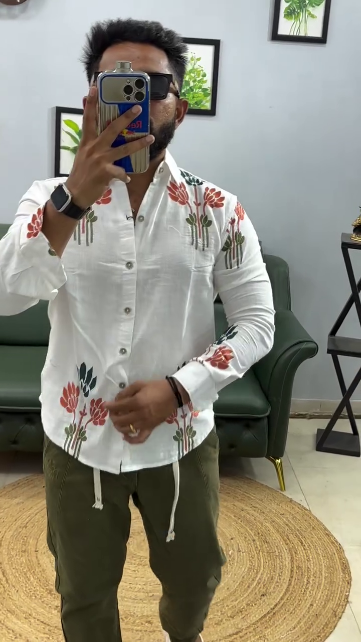 Men Leaf Embroidered Full Sleeves Cotton Shirt