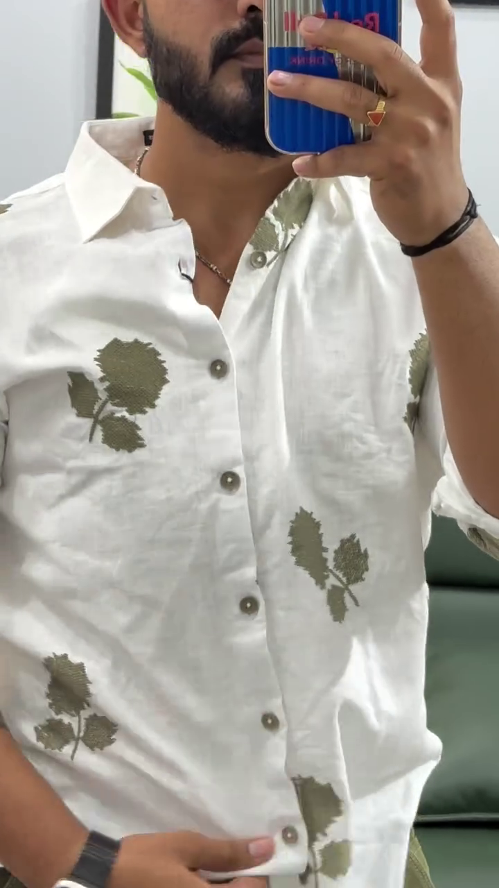 Men Leaf Embroidered Full Sleeves Cotton Shirt - Image 2