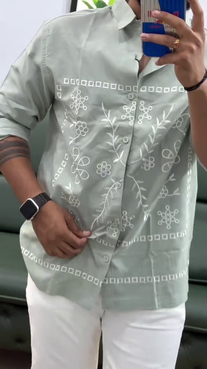 Men Leaf Embroidered Full Sleeves Cotton Shirt - Image 9
