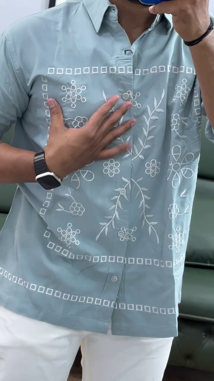 Men Leaf Embroidered Full Sleeves Cotton Shirt - Image 8