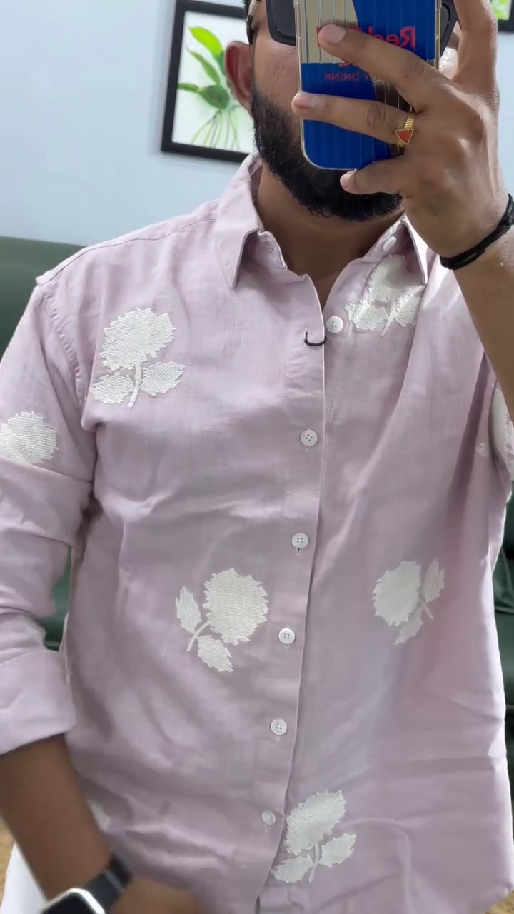 Men Leaf Embroidered Full Sleeves Cotton Shirt - Image 7