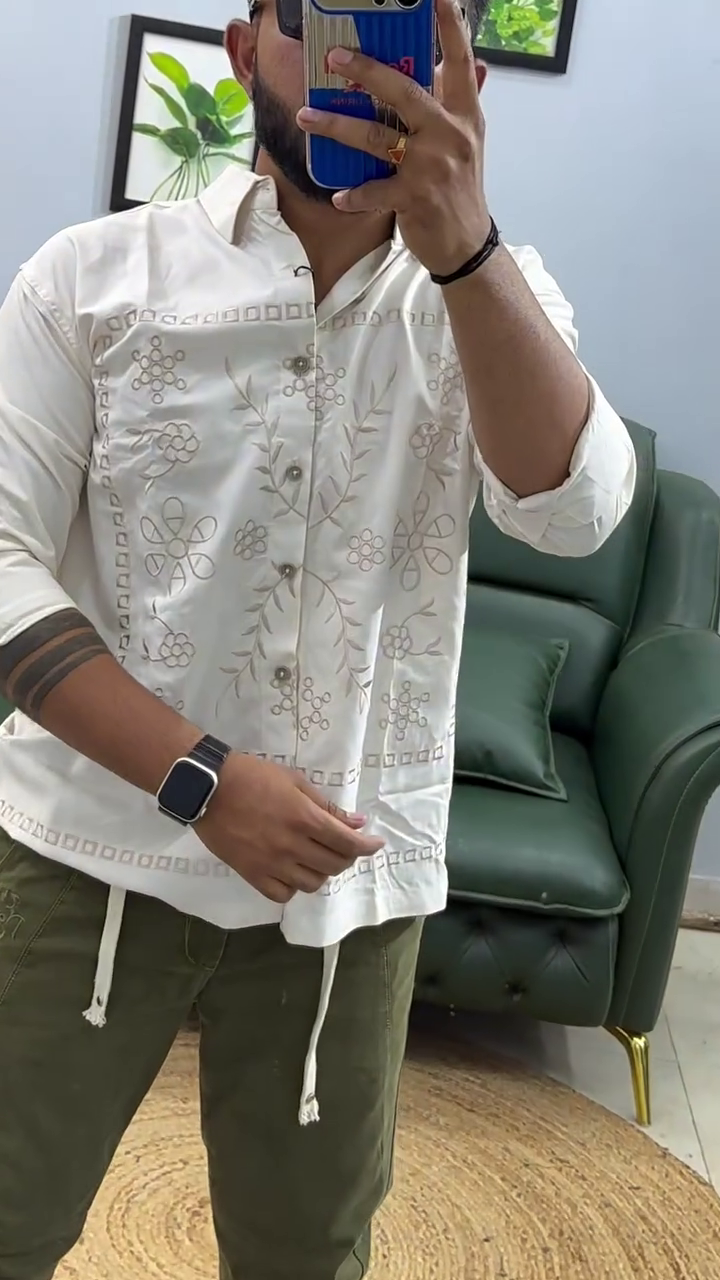 Men Leaf Embroidered Full Sleeves Cotton Shirt - Image 6