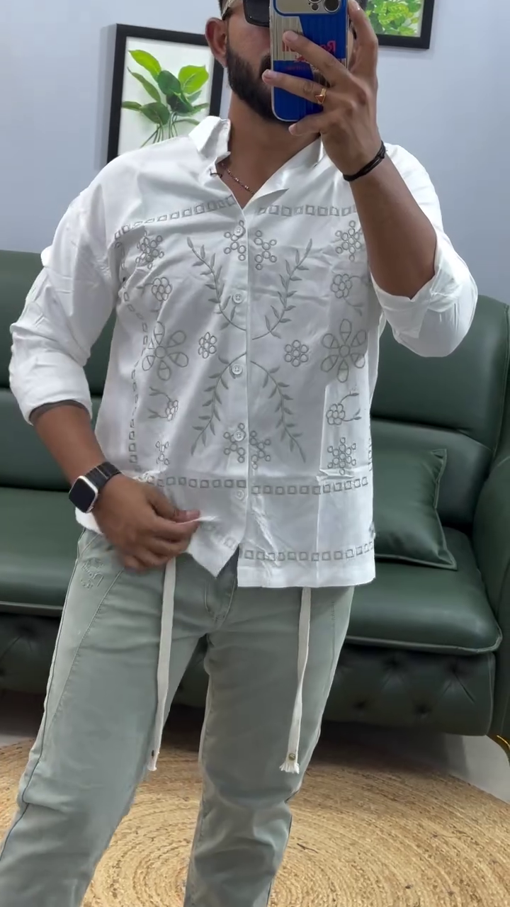 Men Leaf Embroidered Full Sleeves Cotton Shirt - Image 5