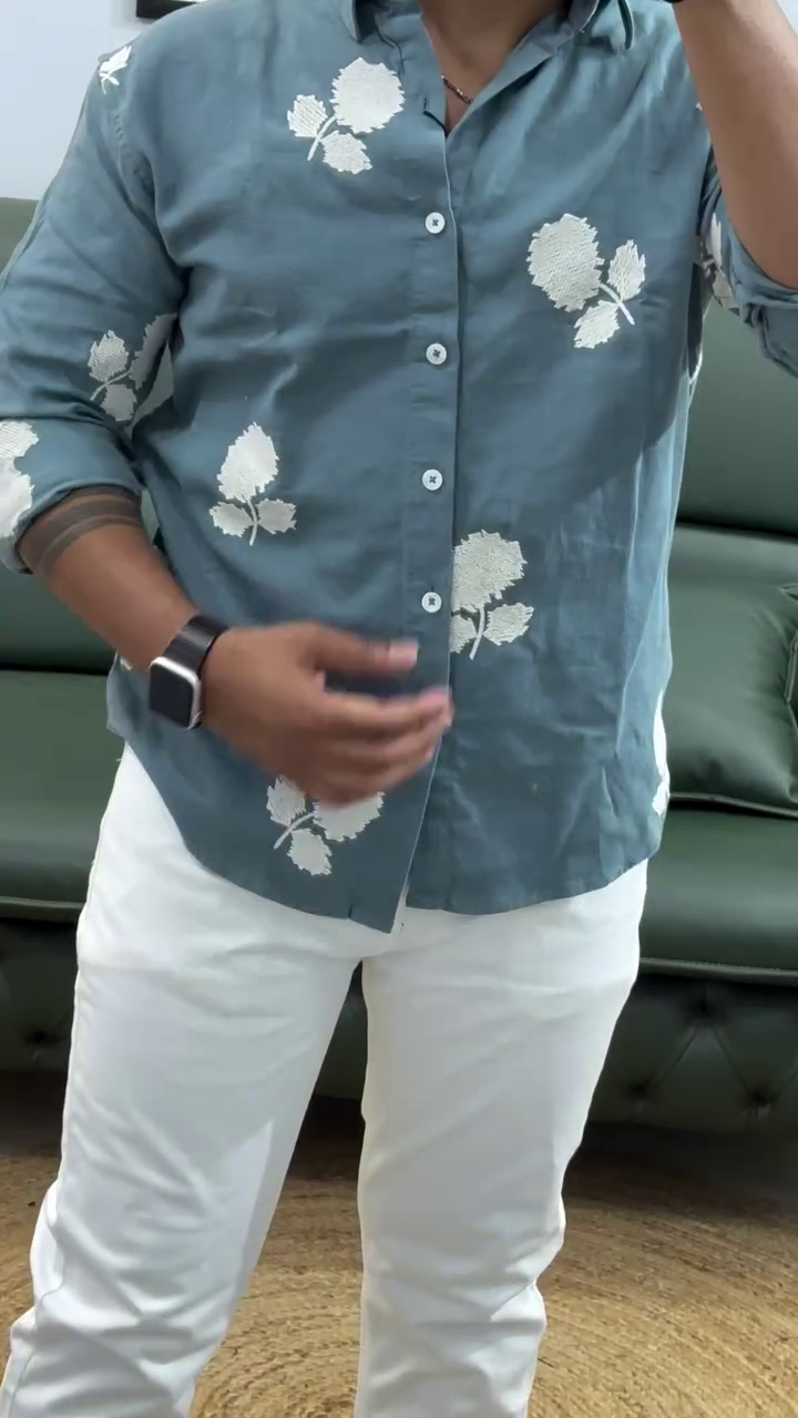 Men Leaf Embroidered Full Sleeves Cotton Shirt - Image 4
