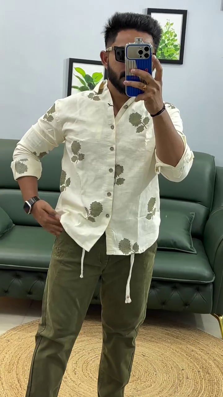 Men Leaf Embroidered Full Sleeves Cotton Shirt - Image 3