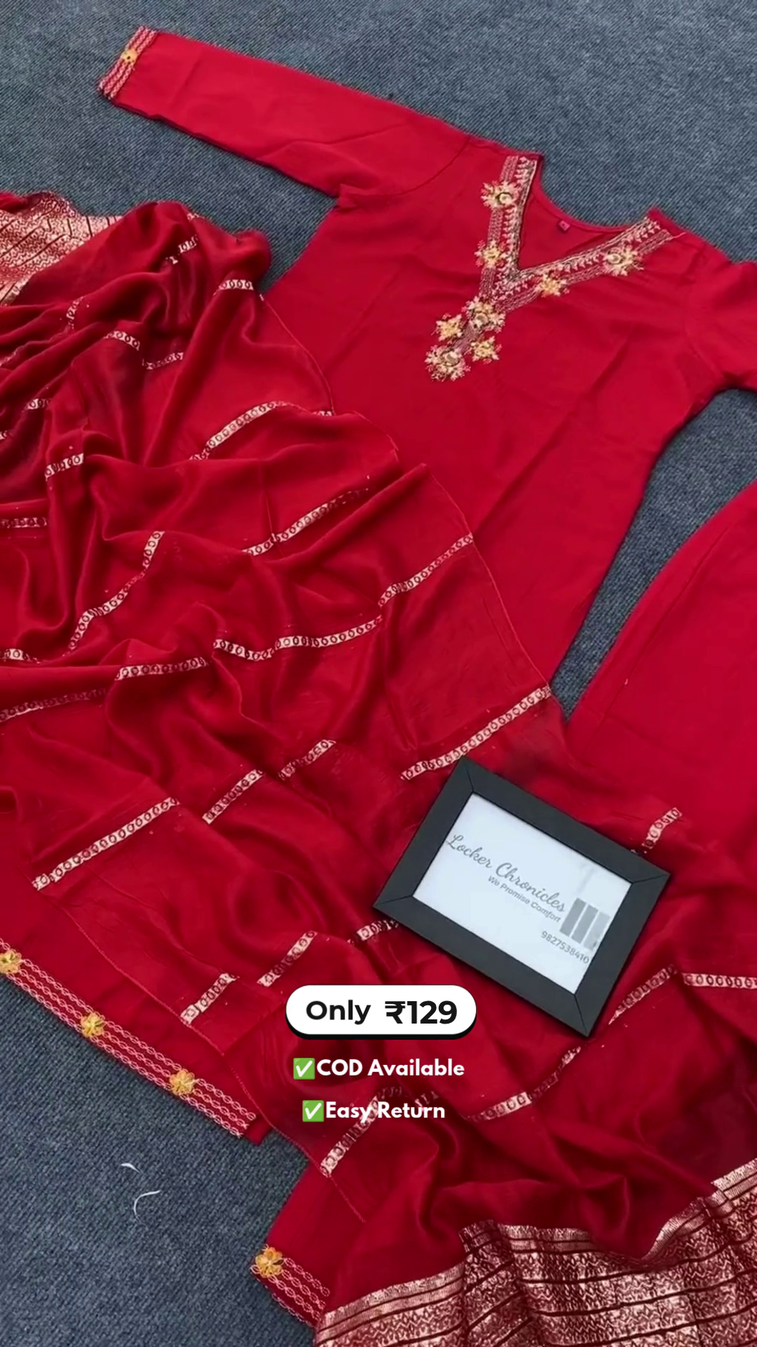 Women's Red Long Kurta Set - Image 2